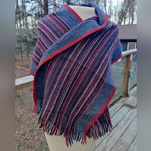 Hugo Boss Scarf Striped Red Gray Fringe 59" x 12" Embroidered Logo Office Career